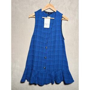 Zara Womens Blue‎ Ruffled Tweed Pinafore Dress V- Neck Button Front Size Small